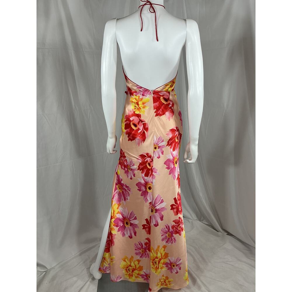 Floral Halter Neck Pink Satin Evening Gown with High Slit - Picture 3 of 4